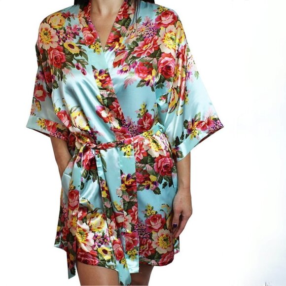 Kimono Robe Floral Satin Aqua Green with Pockets and Belt XS - Picture 1 of 5